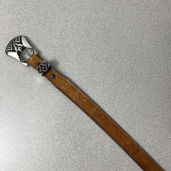 Nocona Belt Co Tan Leather Belt 30 Silver Aztec Buckle Western Cowgirl Cowboy - Picture 3 of 8